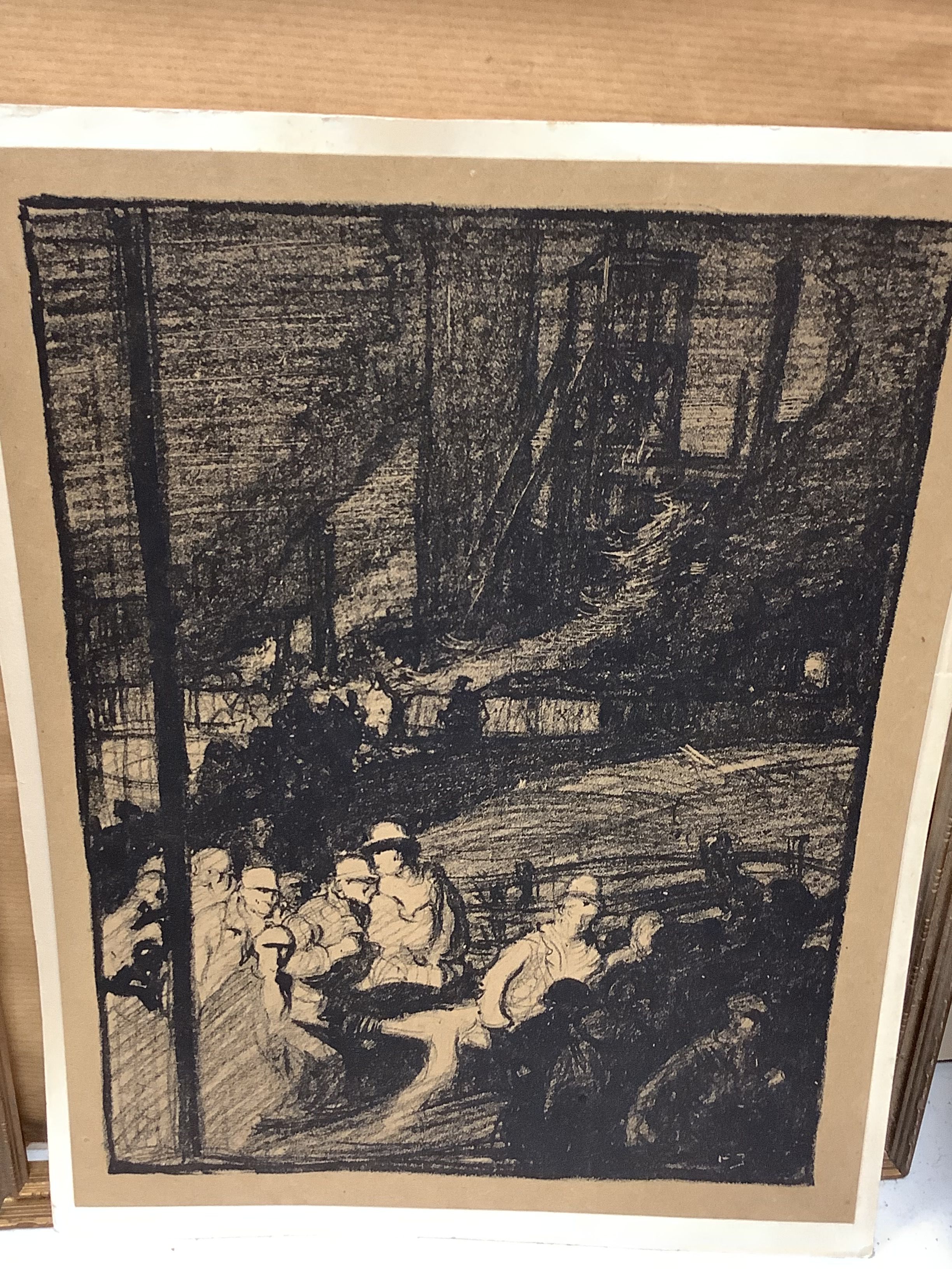 Frank Brangwyn, a collection of eight assorted prints and books; unsigned lithograph, Figures with bridge beyond, 30 x 22cm; etching, Physicians at the bedside, signed in pencil